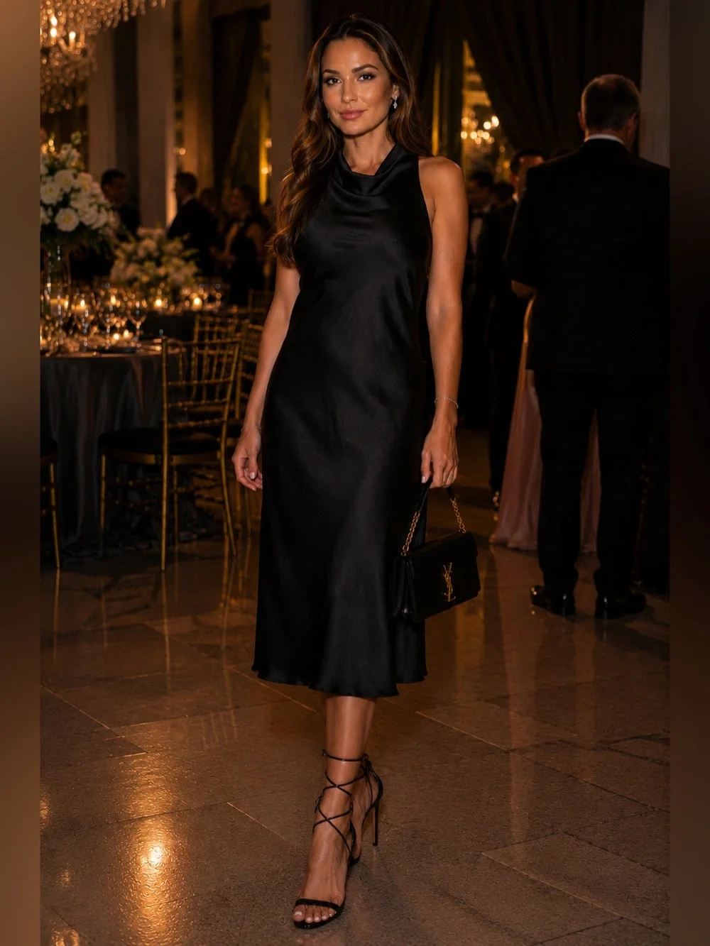 Black Satin Backless Halter Cowl-neck Midi Dress Formal Evening Event